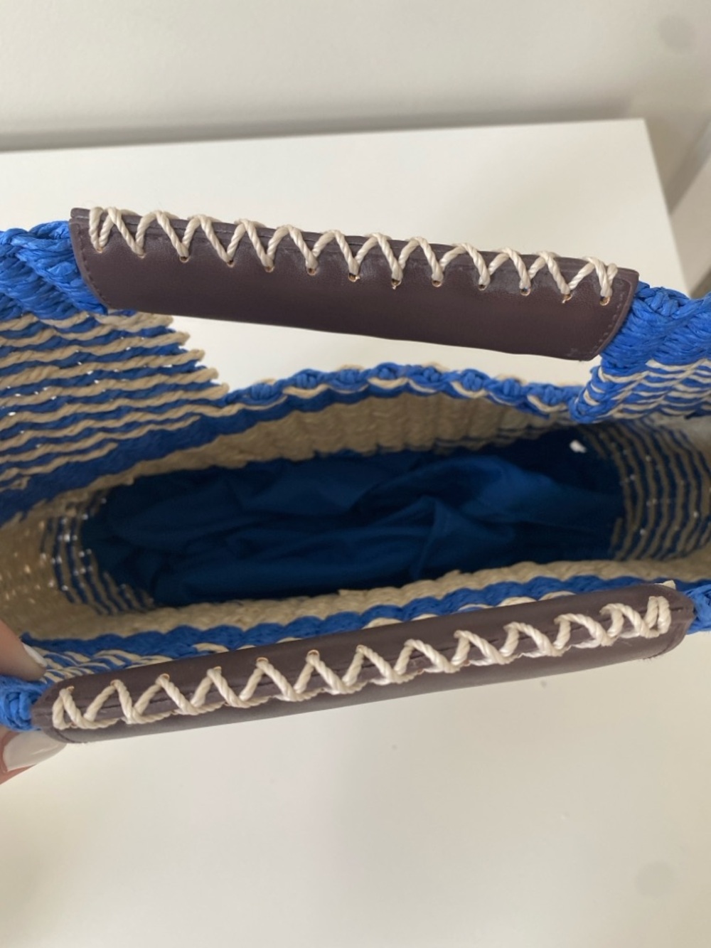 Scoop Nantucket Blue and Cream Woven Tote with Brown Handle - Picture 3 of 8